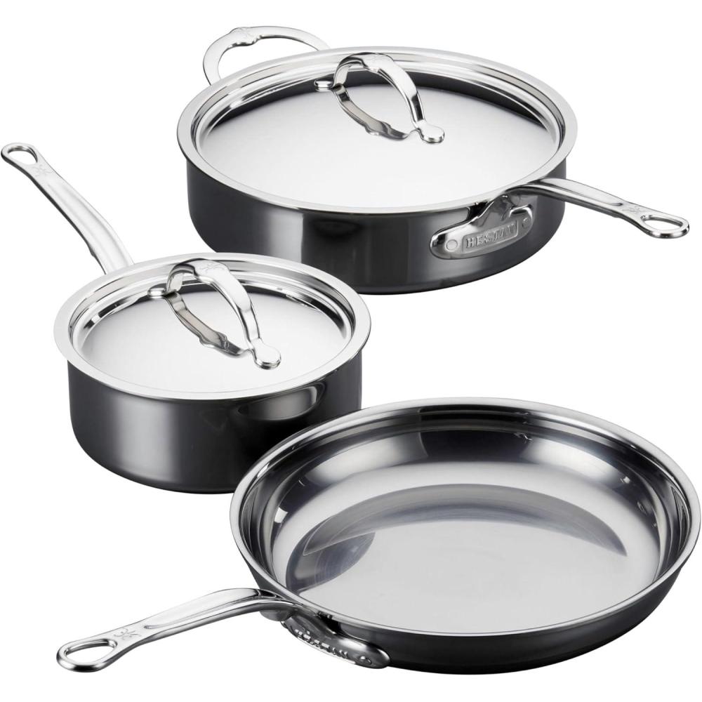 image:imageHestan NanoBond Molecular Titanium 5Piece Cookware Set PFASFree Stainless Steel 4x Stronger 1050F Safe Induction Compatible Handcrafted Italy