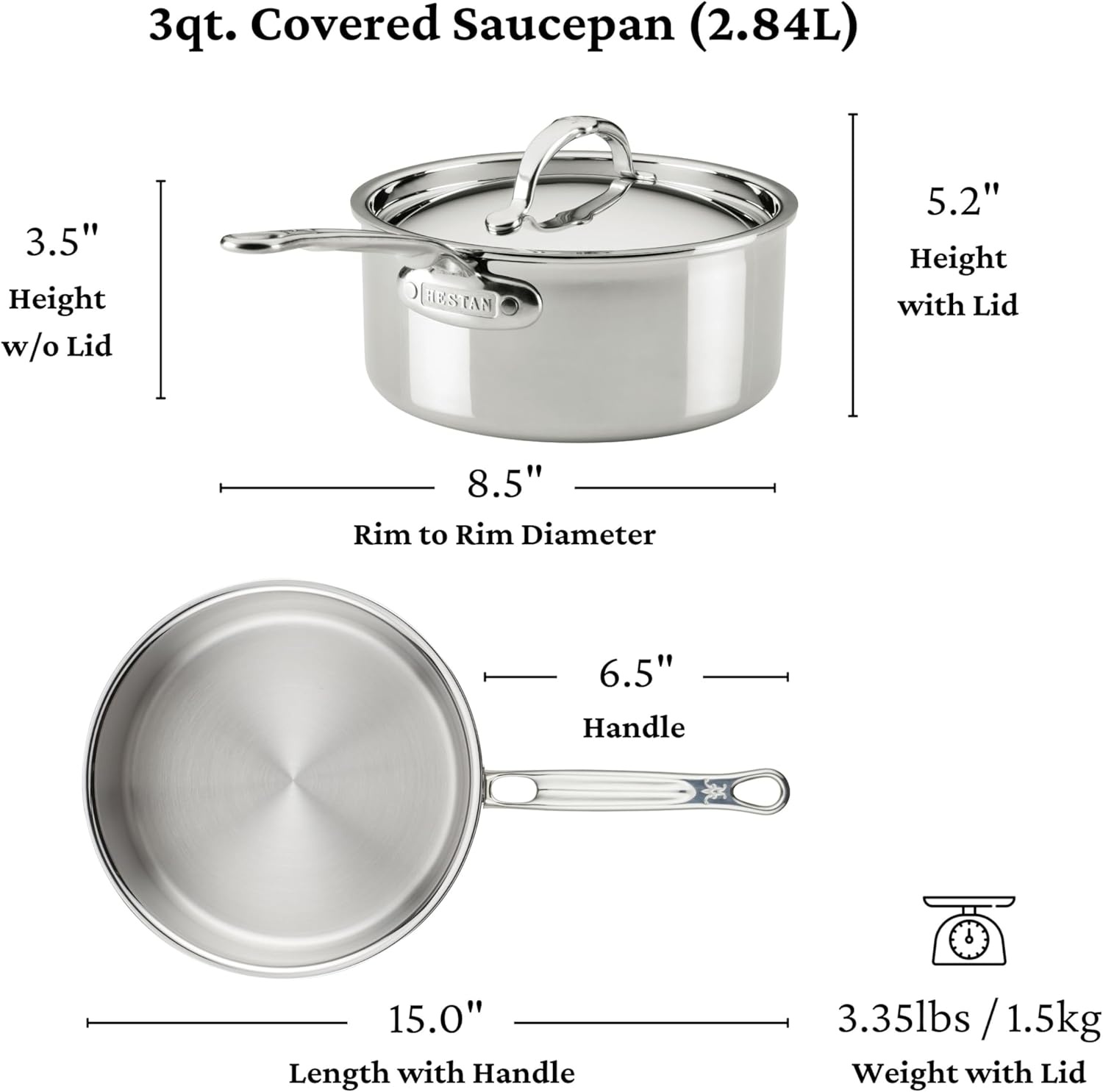 image:imageHestan ProBond Luxe 3Quart Saucepan with Lid Professional Clad Stainless Steel ProCore TriPly Clad Construction Polished Exterior Induction amp Oven Safe