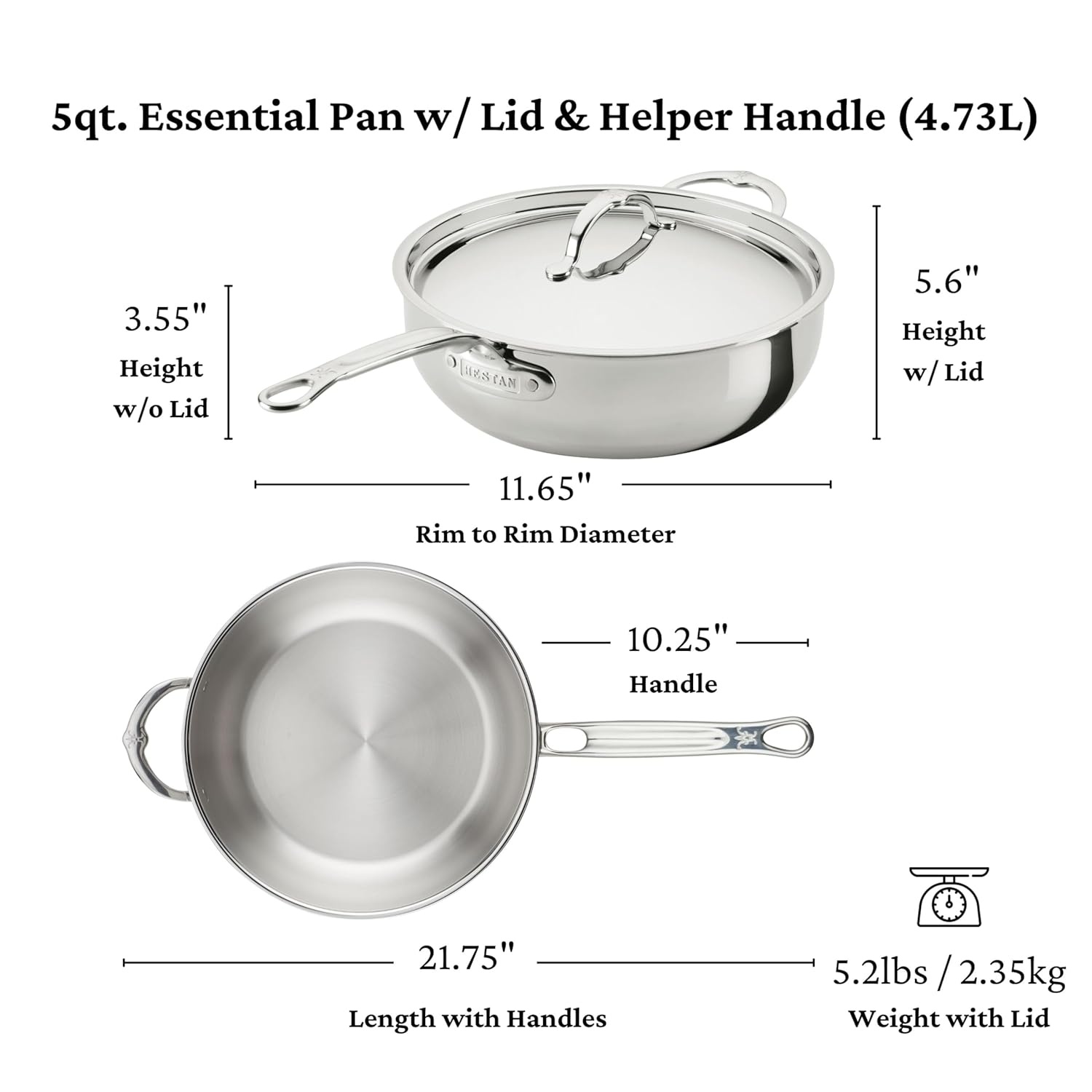 image:imageHestan ProBond Luxe 5Quart Essential Pan with Lid Professional Clad Stainless Steel ProCore TriPly Clad Construction Polished Exterior Induction amp Oven Safe