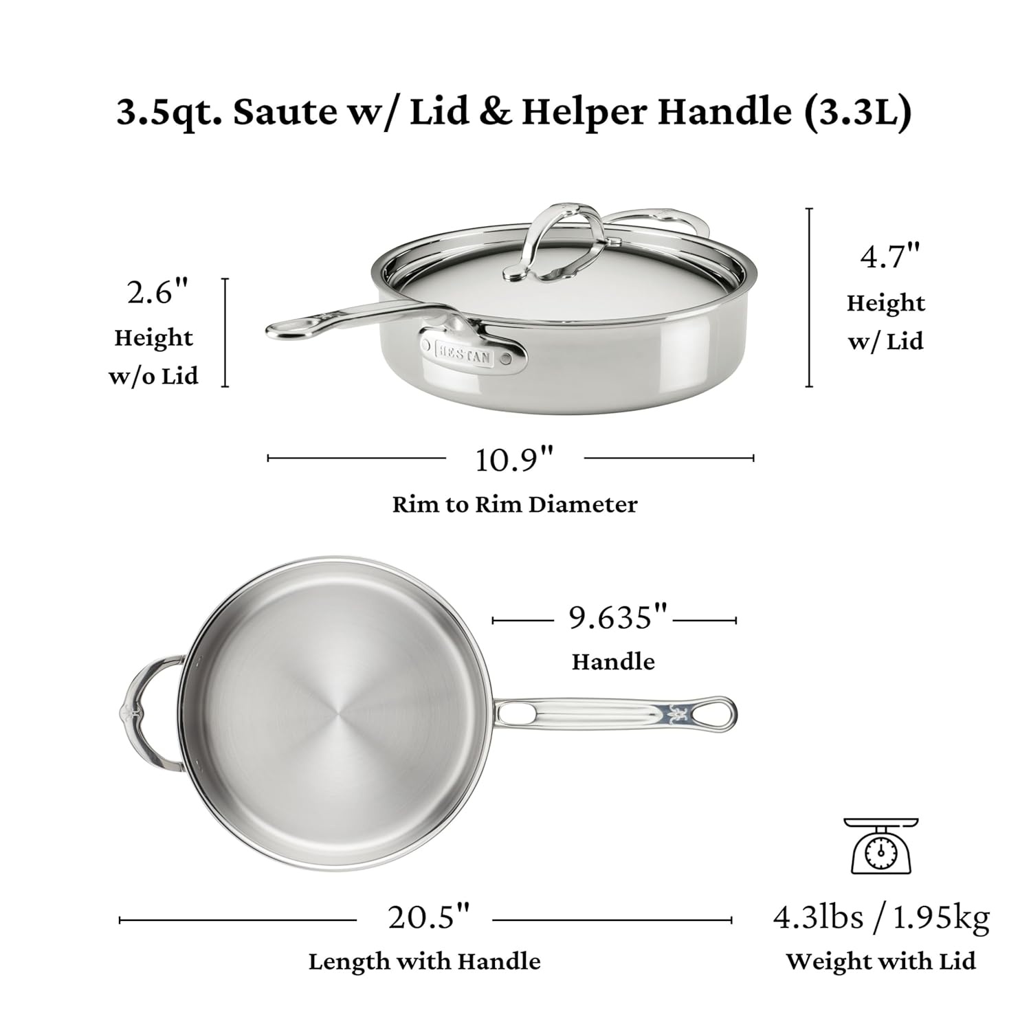 image:imageHestan ProBond Luxe 35Quart Saut Pan with Lid Professional Clad Stainless ProCore TriPly Clad Construction Polished Exterior Induction amp Oven Safe